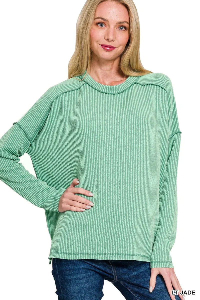 Zenana Exposed Seam Long Sleeve Corded Rib Knit Top - kinko