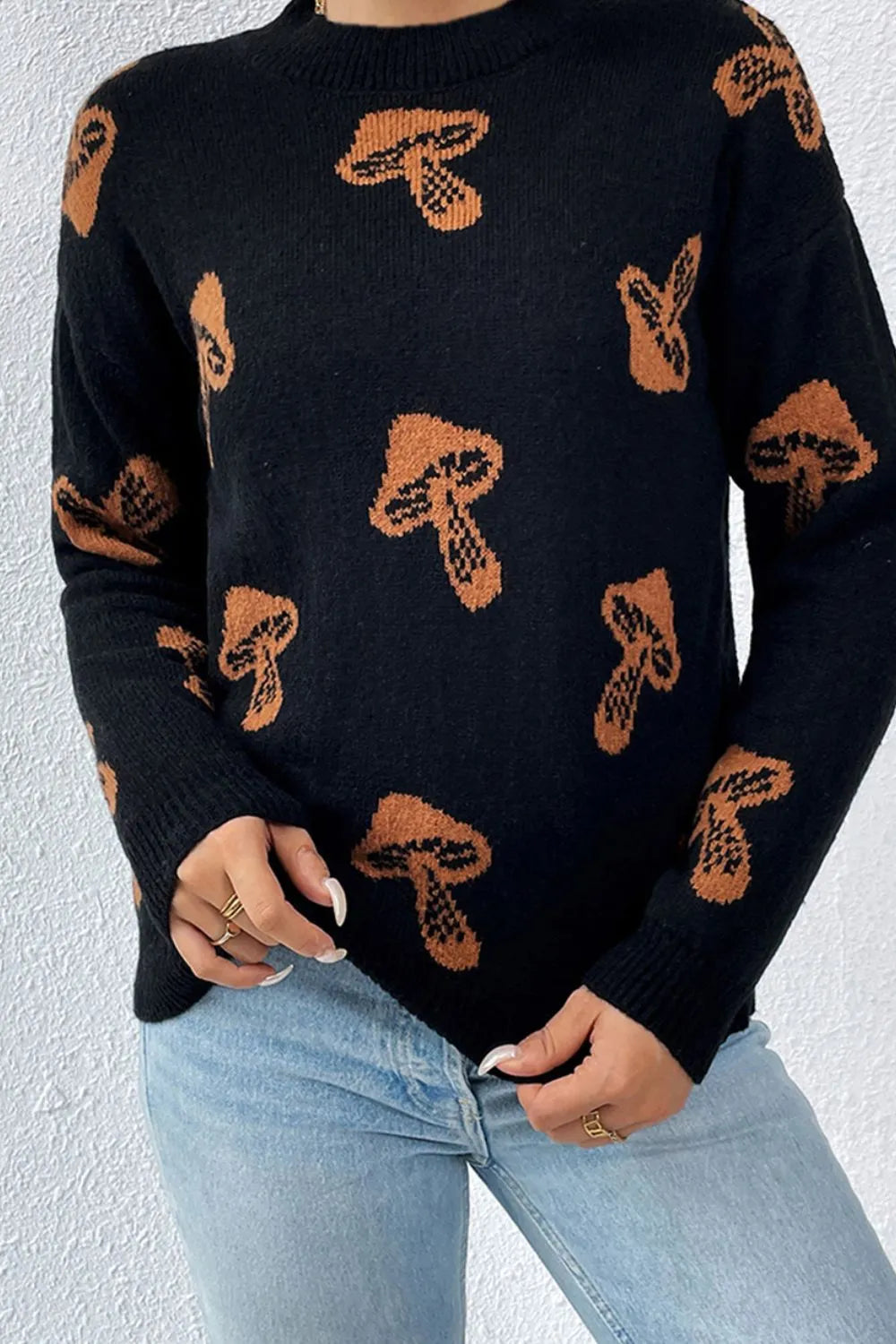 Graphic Mock Neck Dropped Shoulder Sweater - kinko