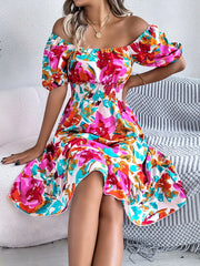 Ruffled Hem Smocked Floral Short Sleeve Midi Dress - kinko