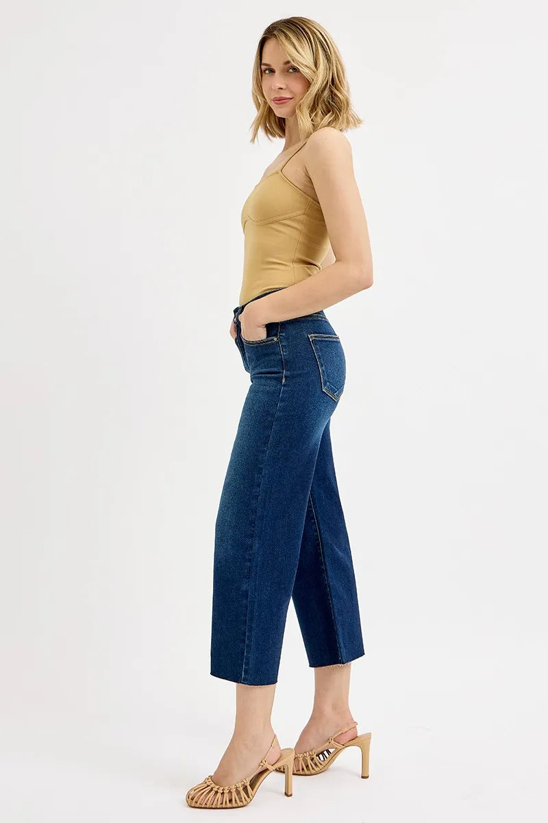 RISEN Full Size Tummy Control High Rise Crop Wide Jeans Plus Size - kinko