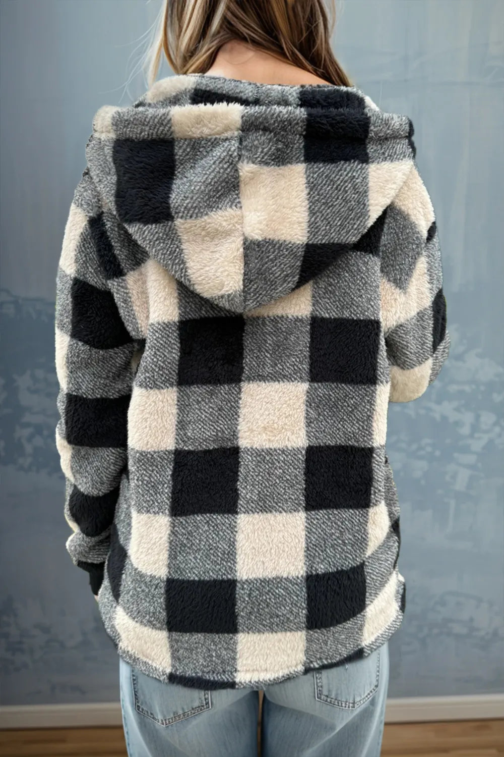 Double Take Full Size Plaid Long Sleeve Hooded Coat - kinko