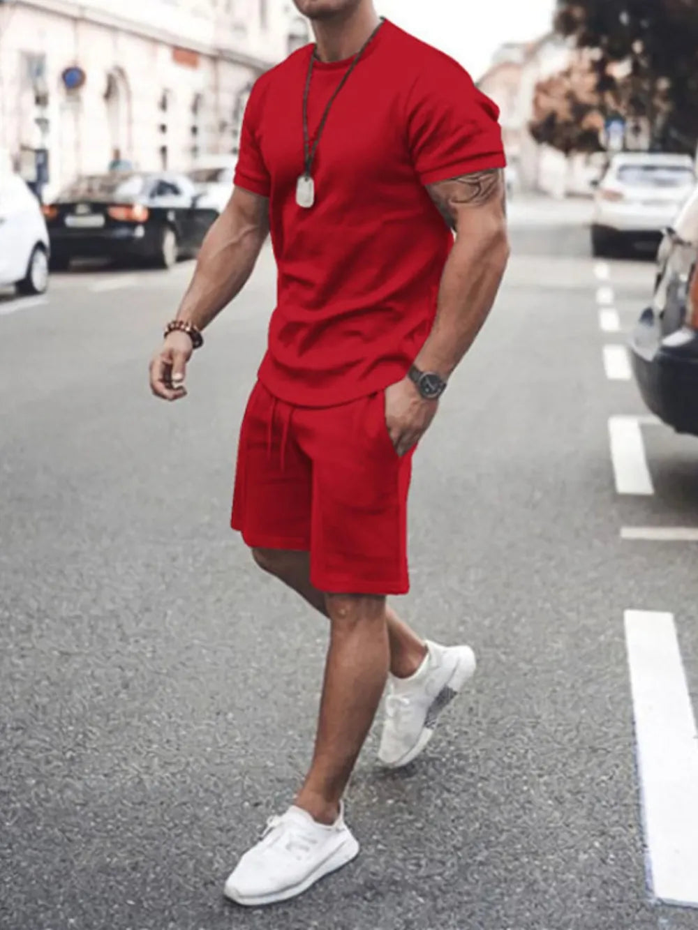 Men's Plus Size Round Neck Short Sleeve Top and Shorts Set - kinko