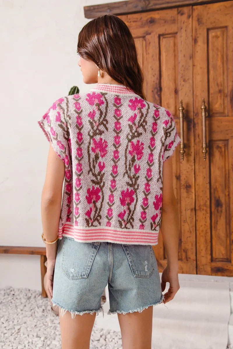 SO ME Button Front Floral and Stripe Knitted Sweater Vest - kinko
