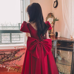 Winter Wine Red Engagement Daily French Princess On The Run Satin Dress - kinko
