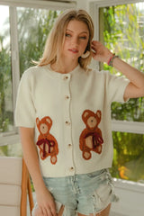 BiBi Teddy Bear With Bow Patched Sweater Button Down Top - kinko