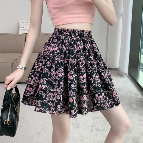 French Style Vintage And Little Fresh Cherry Floral A- Line Skirt - kinko