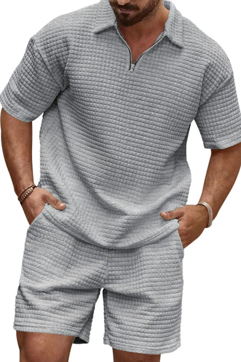 Men's Full Size Zip Collar Short Sleeve Top and Shorts Set Plus Size - kinko