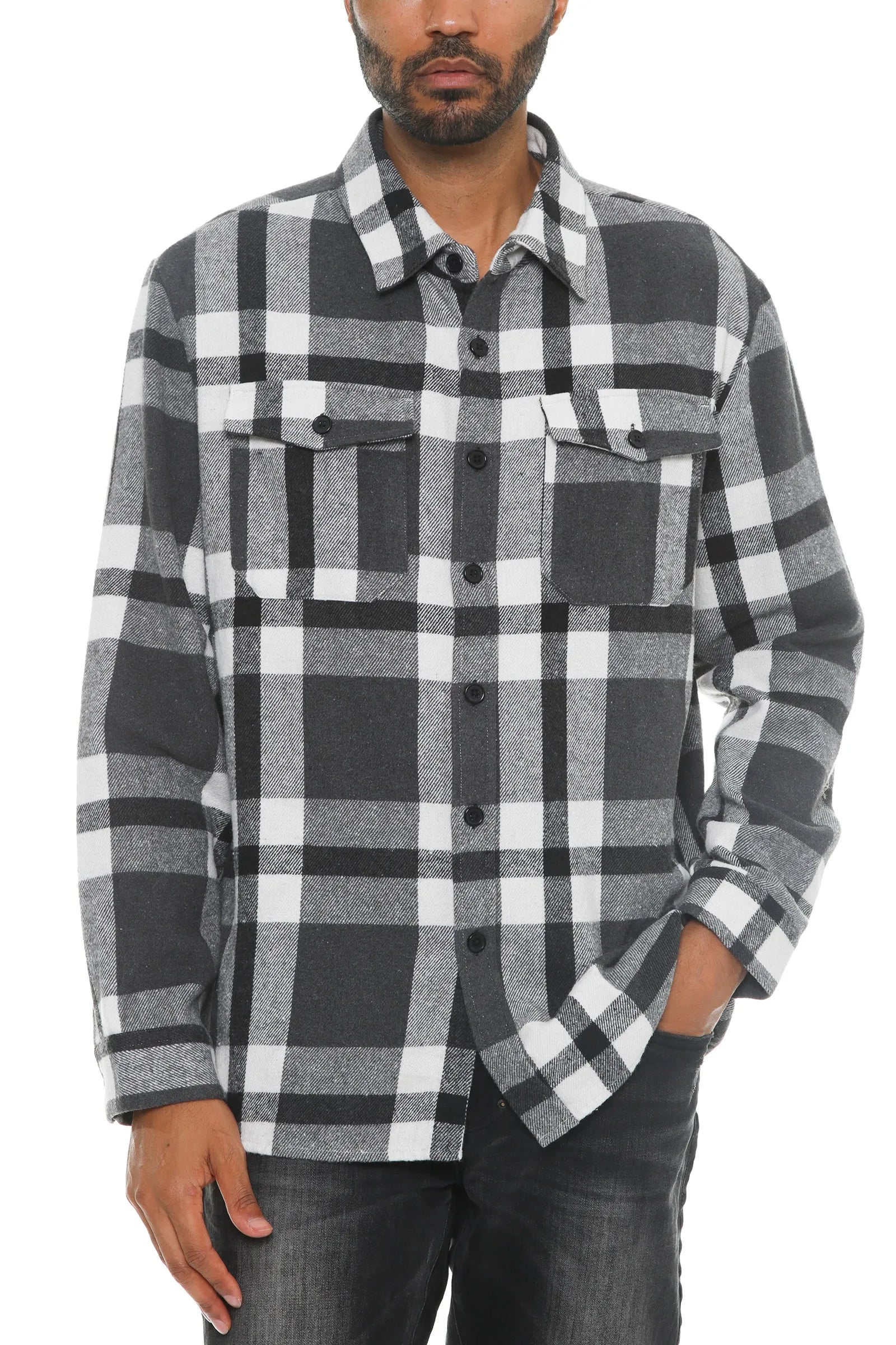 WEIV Men's Full Size Checkered Soft Flannel Shacket Plus Size - kinko