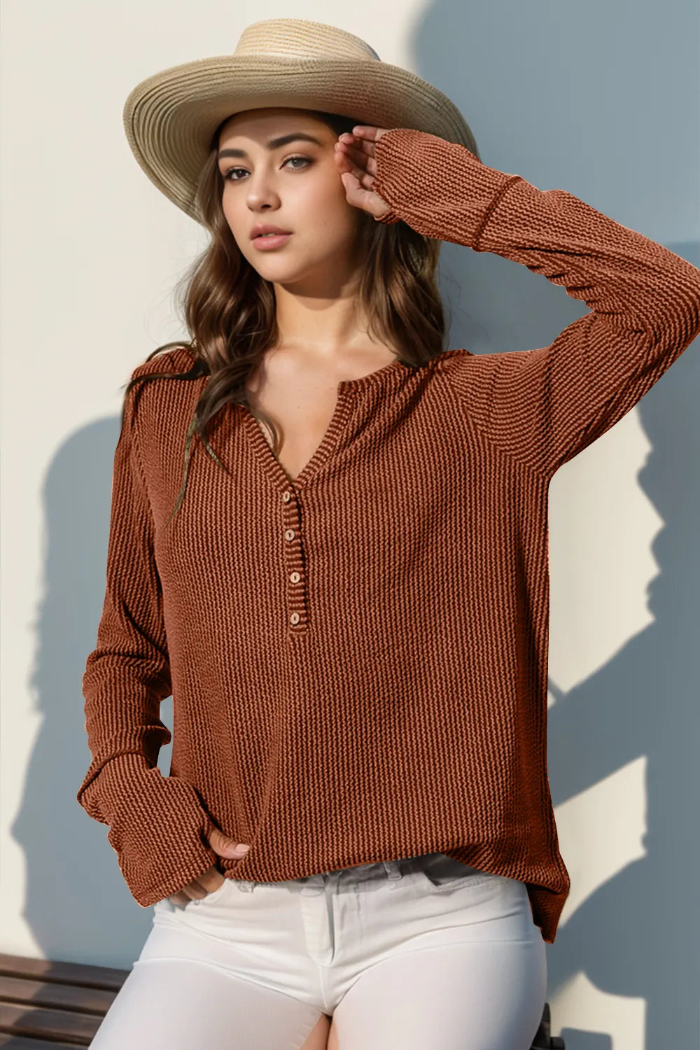 Double Take Full Size Notched Thumbhole Long Sleeve T-Shirt - kinko