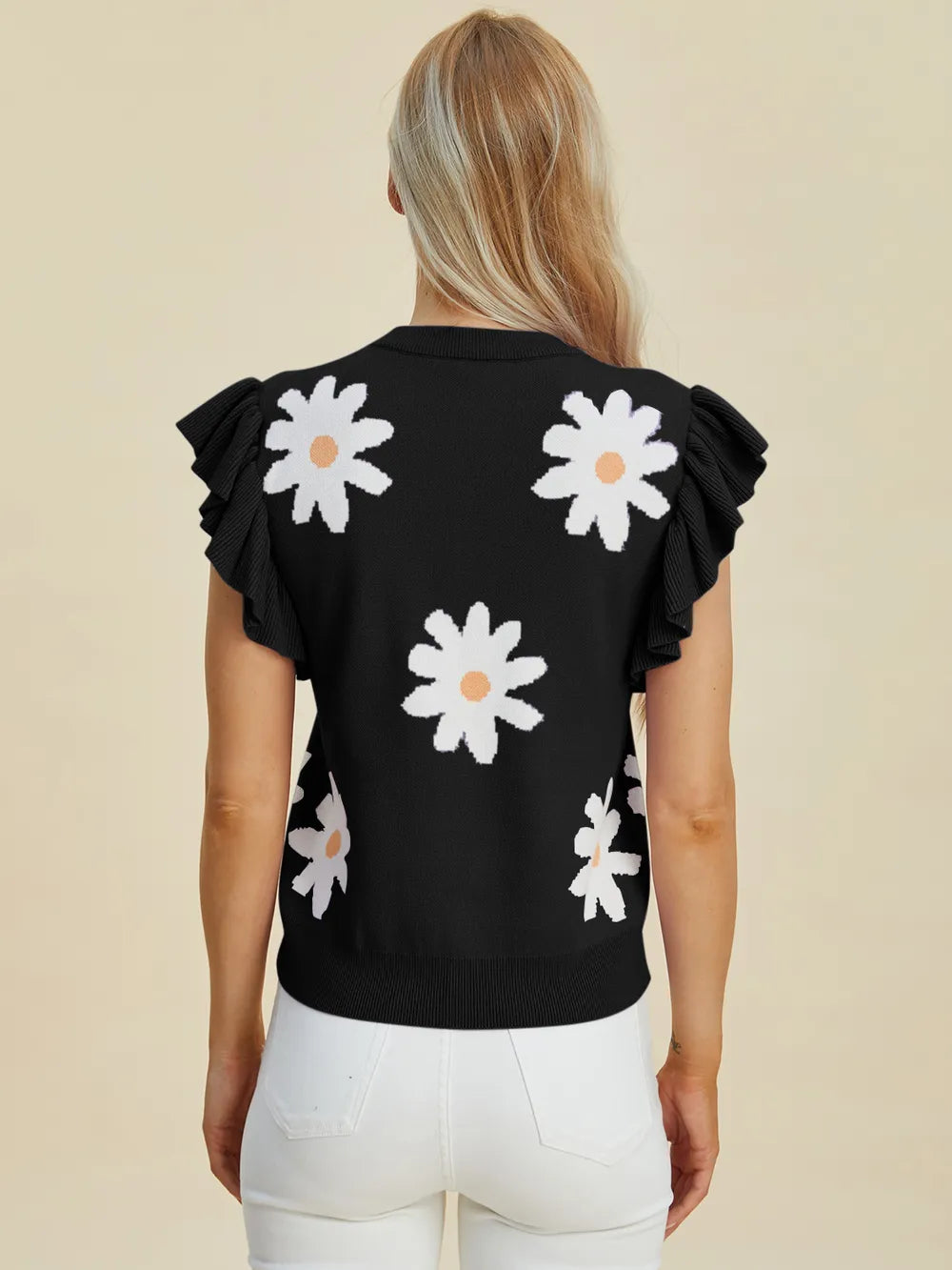 Double Take Full Size Ruffled Flower Round Neck Cap Sleeve Sweater - kinko