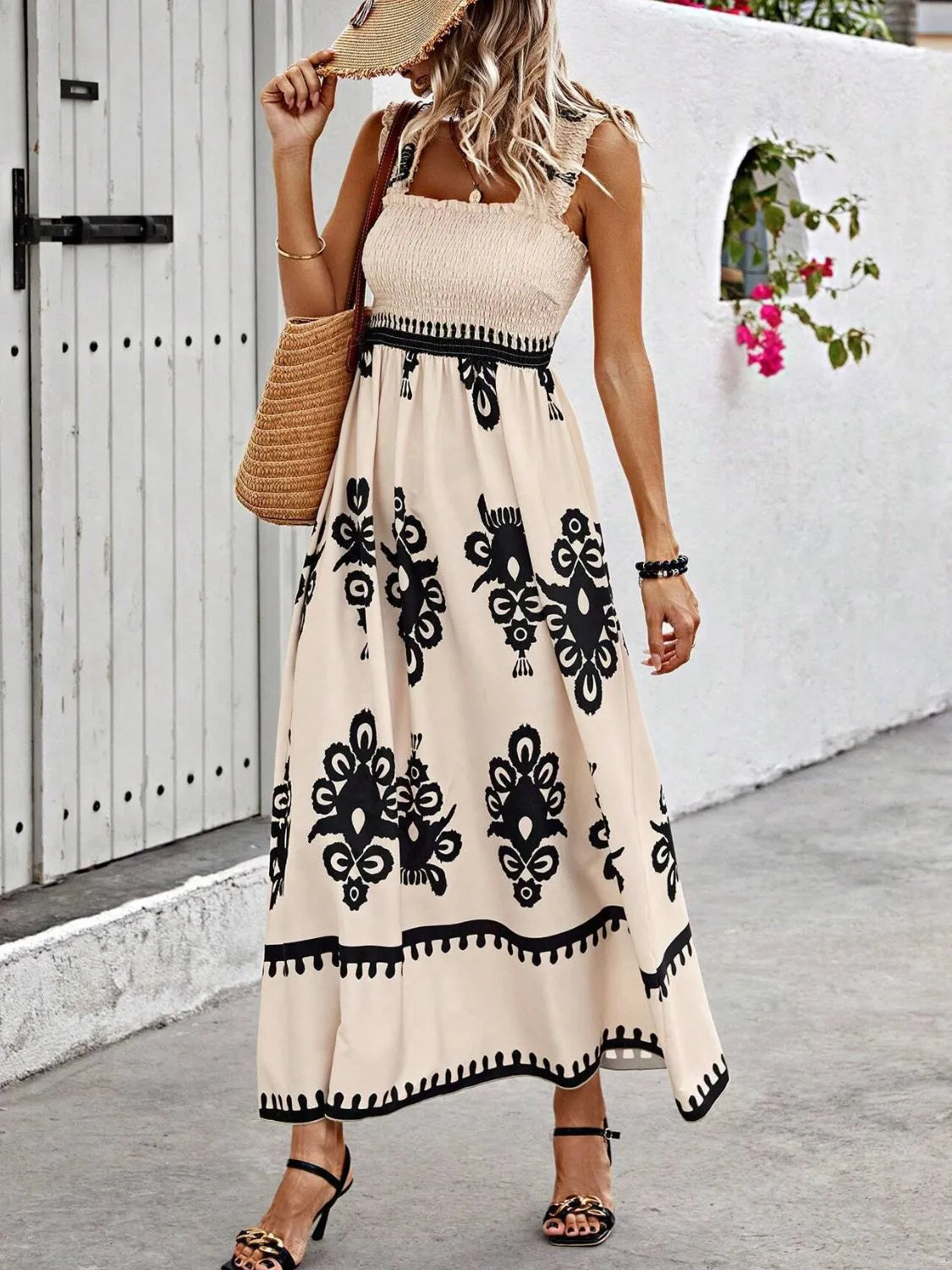 Smocked Printed Wide Strap Maxi Dress - kinko