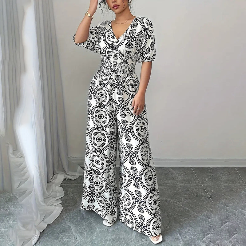 Womens Jumpsuits Short Sleeve V Neck Smocked Dressy Casual Wide Leg Pants Romper 2025 Summer One Piece Outfits - kinko