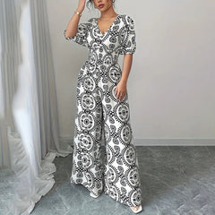 Womens Jumpsuits Short Sleeve V Neck Smocked Dressy Casual Wide Leg Pants Romper 2025 Summer One Piece Outfits - kinko