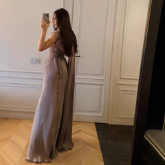 Pleated Ribbon Satin Evening Dress - kinko