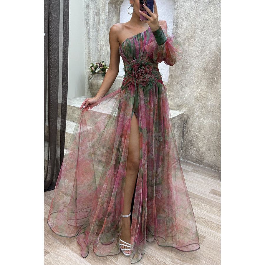 New Party Mesh Slanted Shoulder Dress INS Casual And Fashionable Women's Long Skirt - kinko