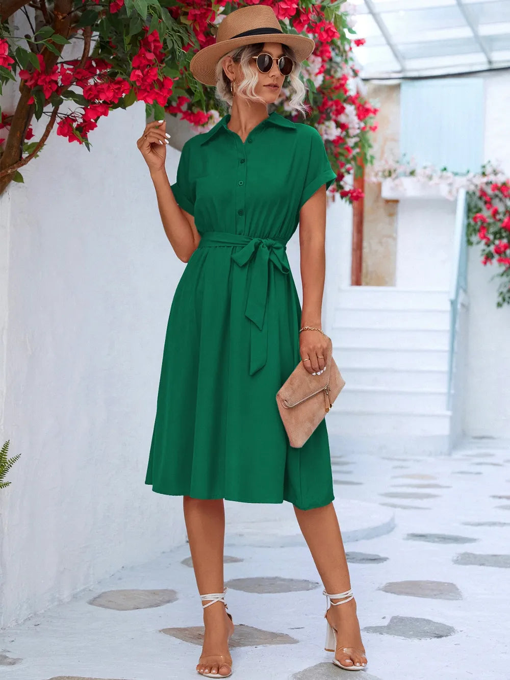 Buttoned Tie Waist Short Sleeve Dress - kinko