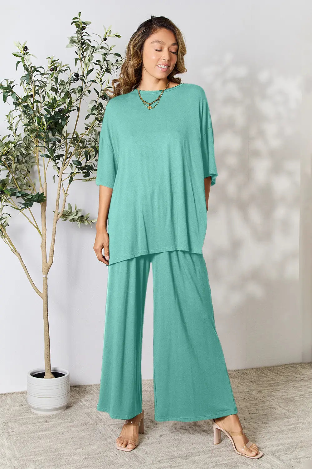 Double Take Full Size Round Neck Slit Top and Pants Set - kinko