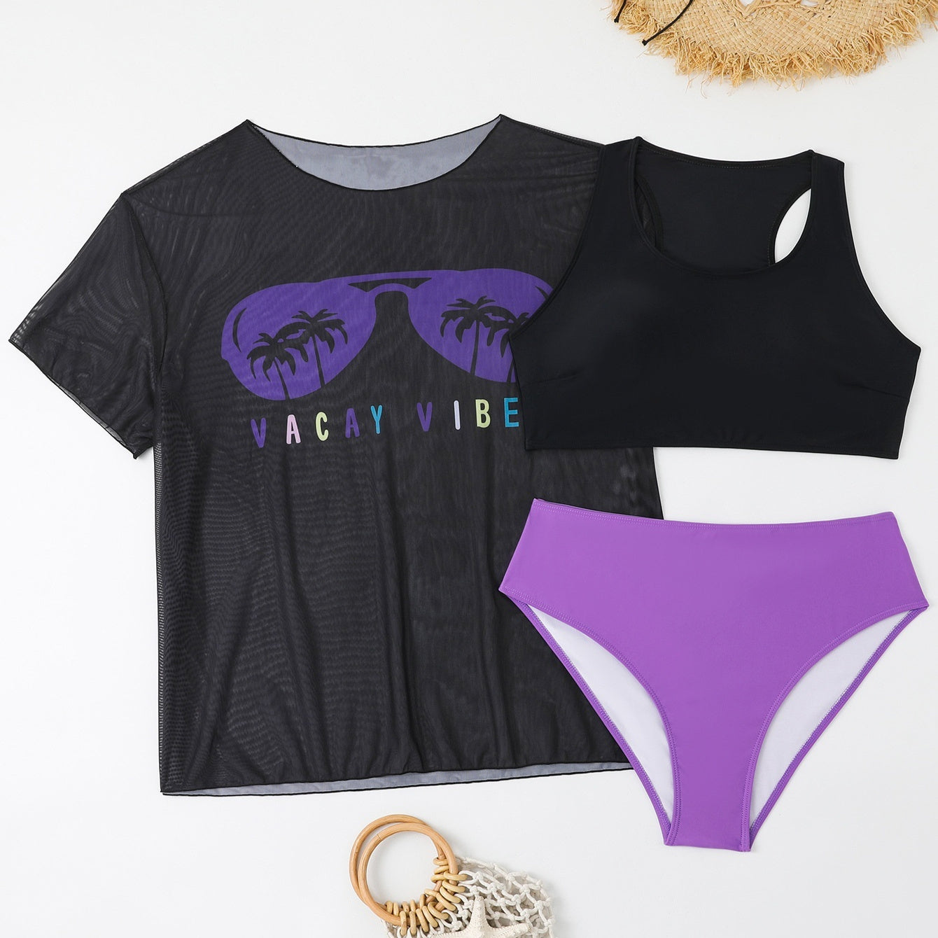 New Swimwear Mesh See-through Blouse Plus Size Swimsuit Bikini Three-piece Set - kinko