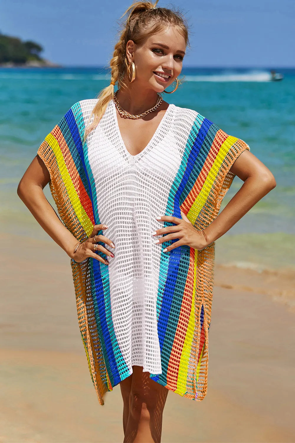 Angel Wings Openwork Striped Slit Knit Cover Up - kinko