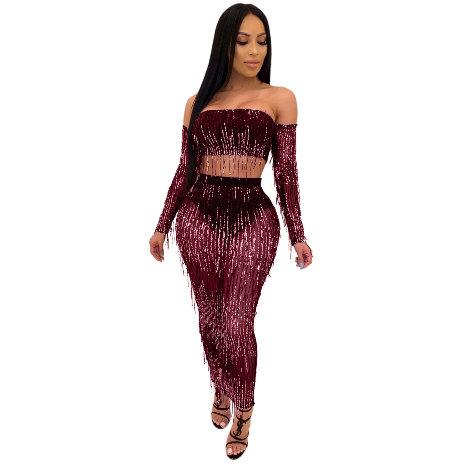Fashion Sexy See-through Mesh Sequins Tassel Two-piece Set - kinko