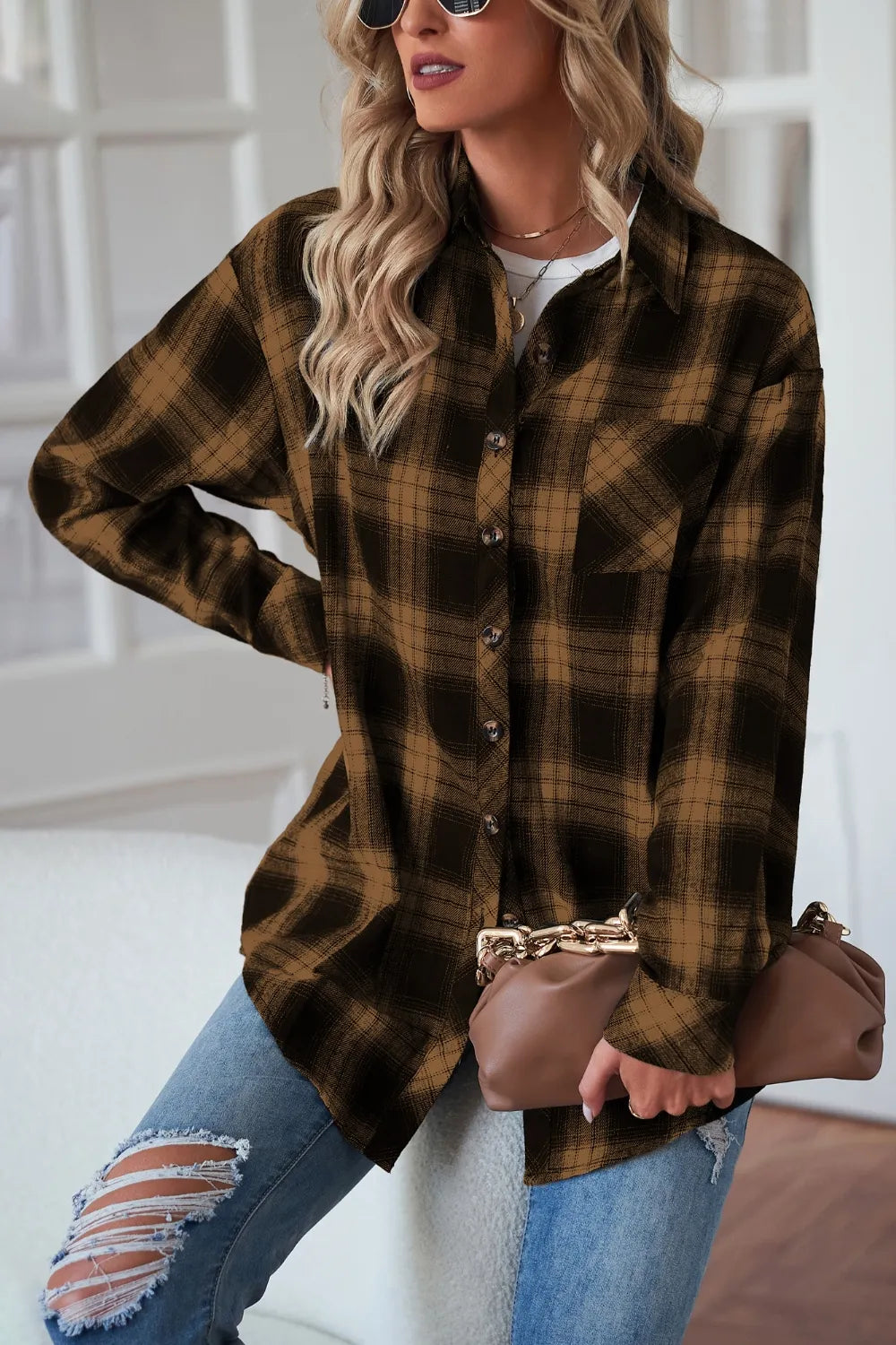 Plaid Button Up Dropped Shoulder Outerwear - kinko