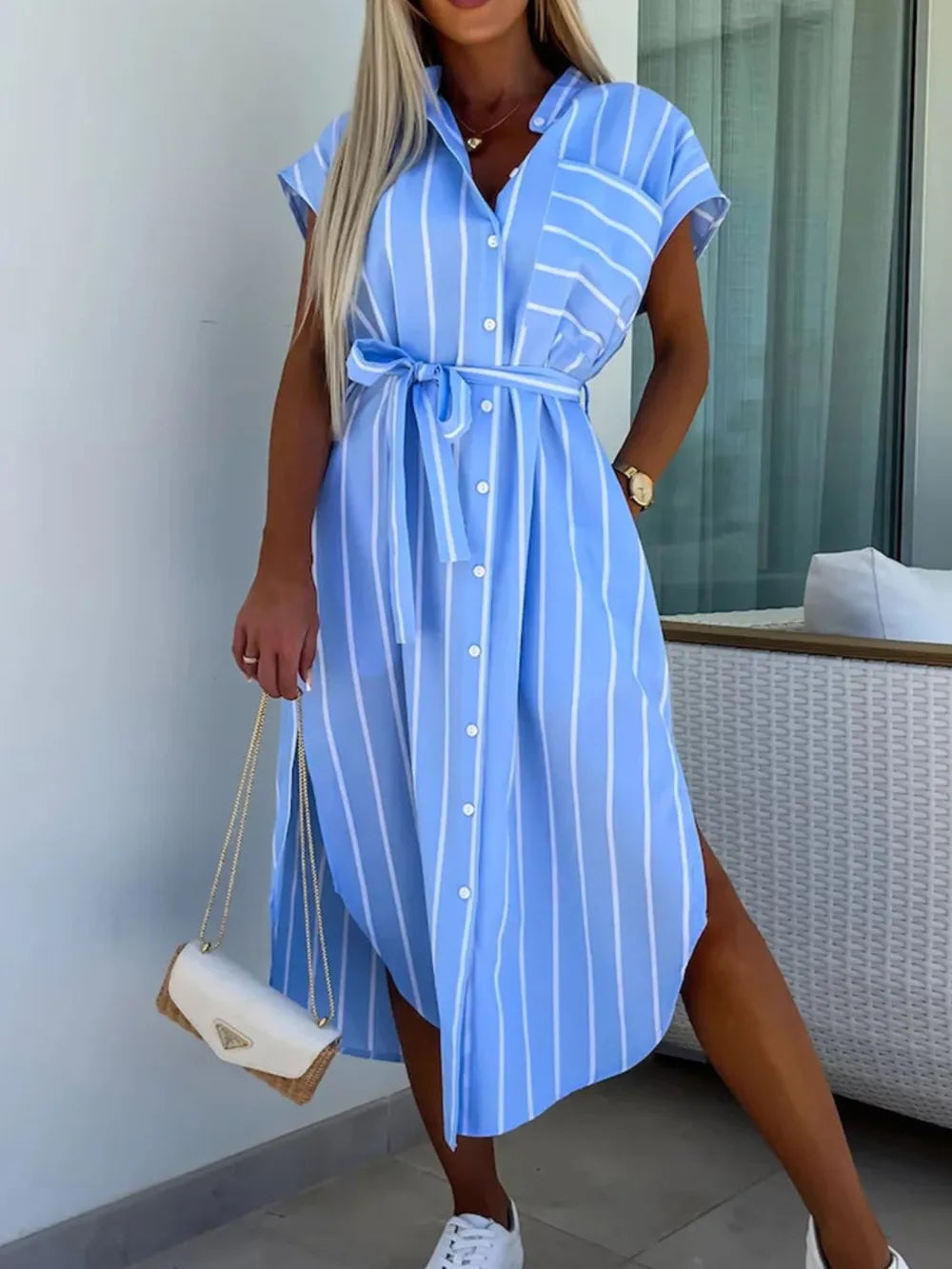 Striped Tie Waist Short Sleeve Dress - kinko