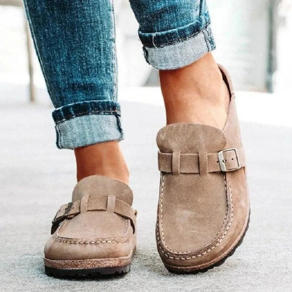Round Toe Low Heel Buckle Loafers - kinko