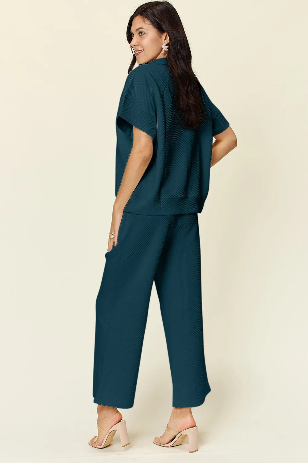 Double Take Full Size Texture Half Zip Short Sleeve Top and Pants Set - kinko