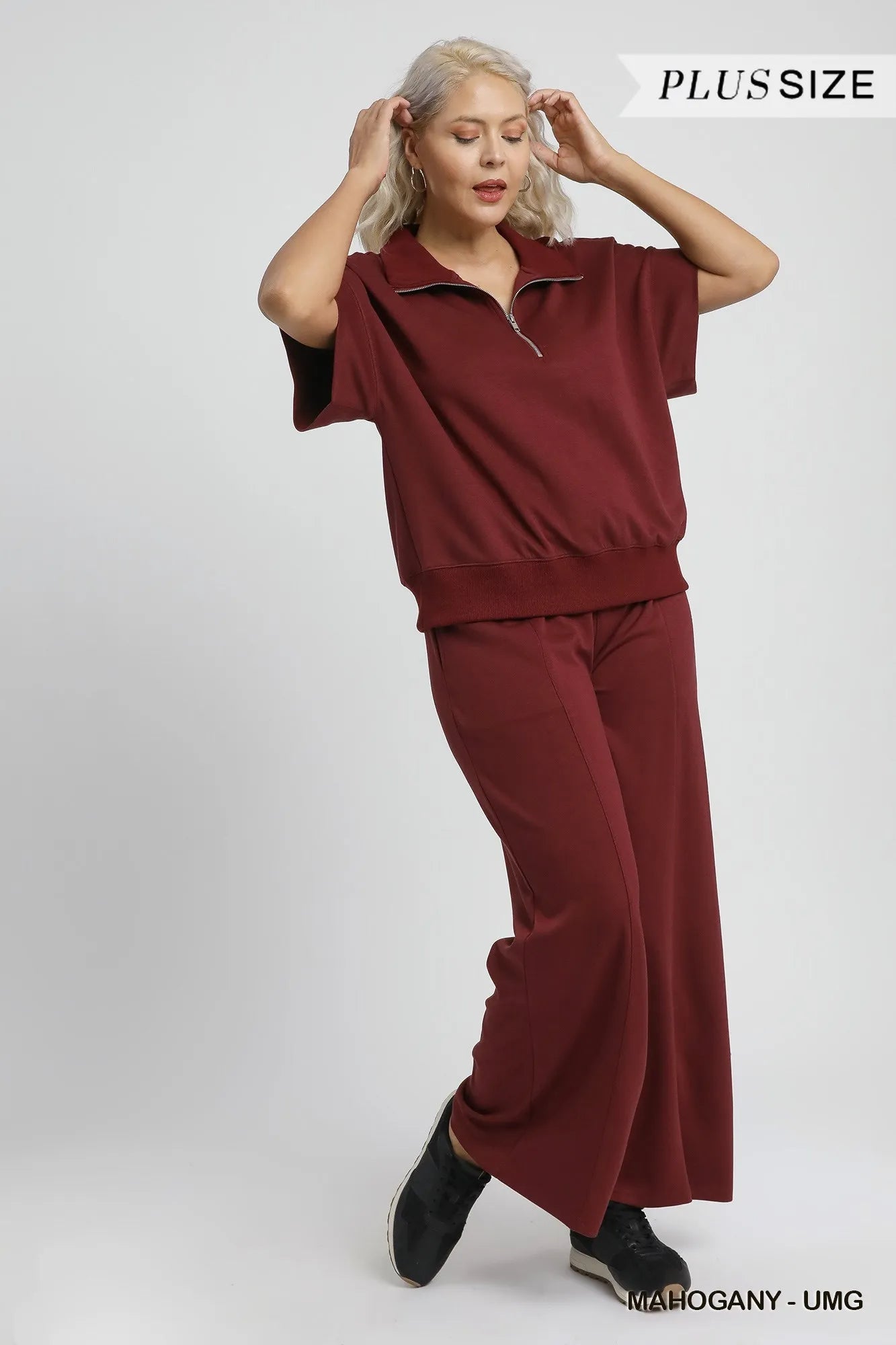 Umgee Full Size Half-Zip Short Sleeve Top Plus Size - kinko