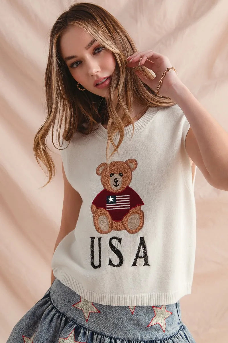 SO ME Teddy Bear Wearing An American Flag With Usa Embroidered Sweater Vest - kinko