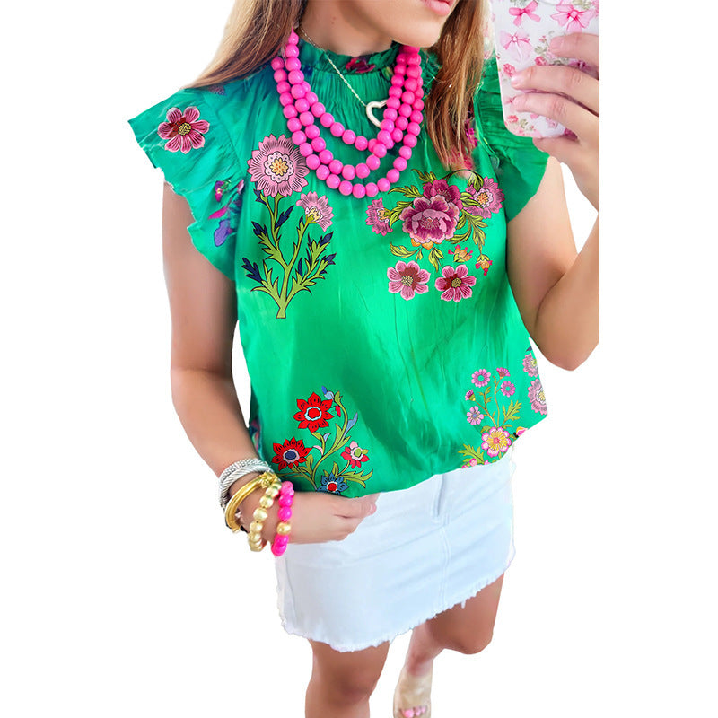 Women's Pullover Ruffled Loose Printed Shirt - kinko