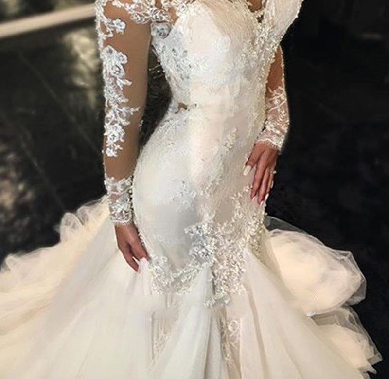 Trailing White Temperament Is Thin And Long Lace Wedding Dress - kinko