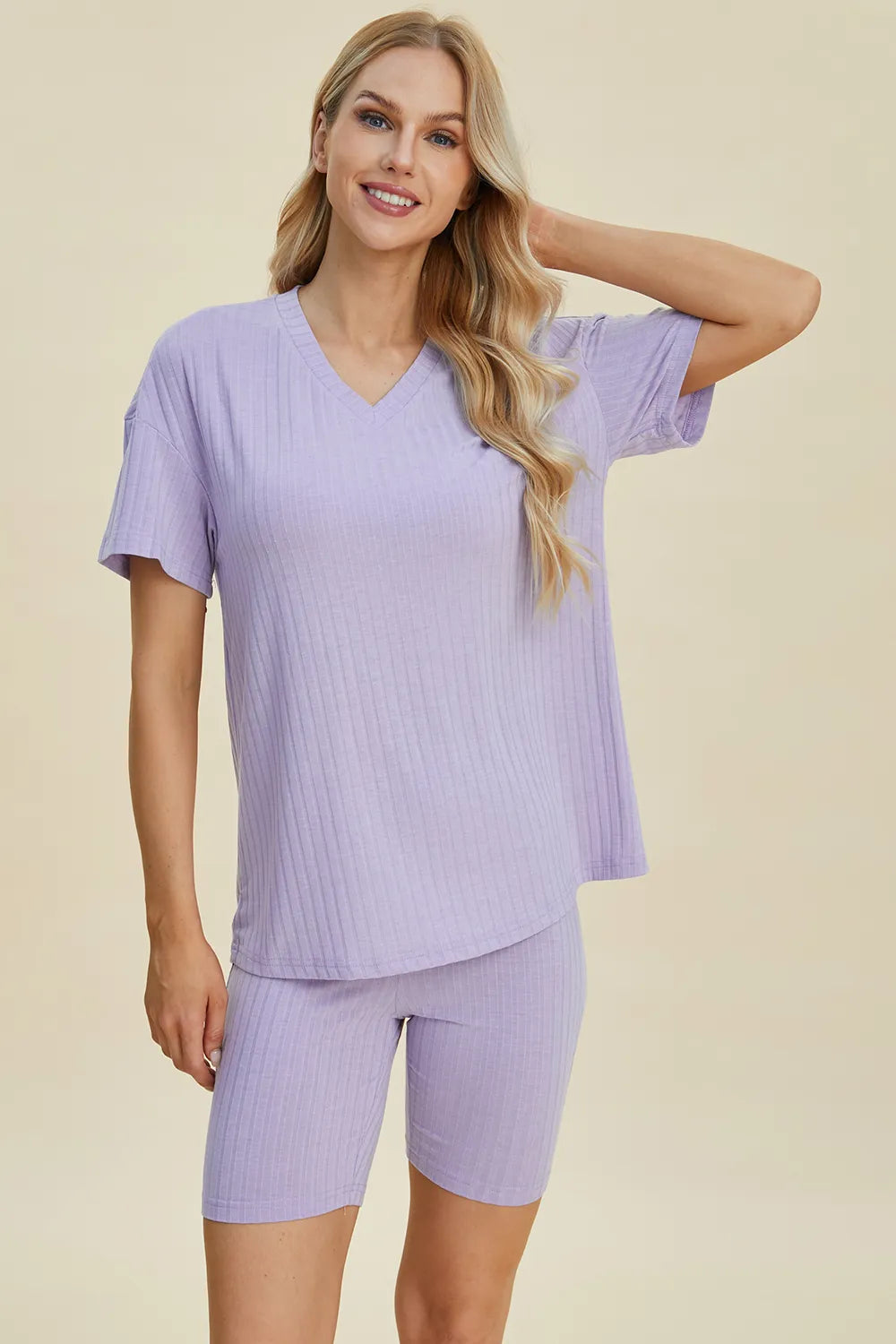 Basic Bae Full Size Ribbed V-Neck Short Sleeve Top and Shorts Set - kinko