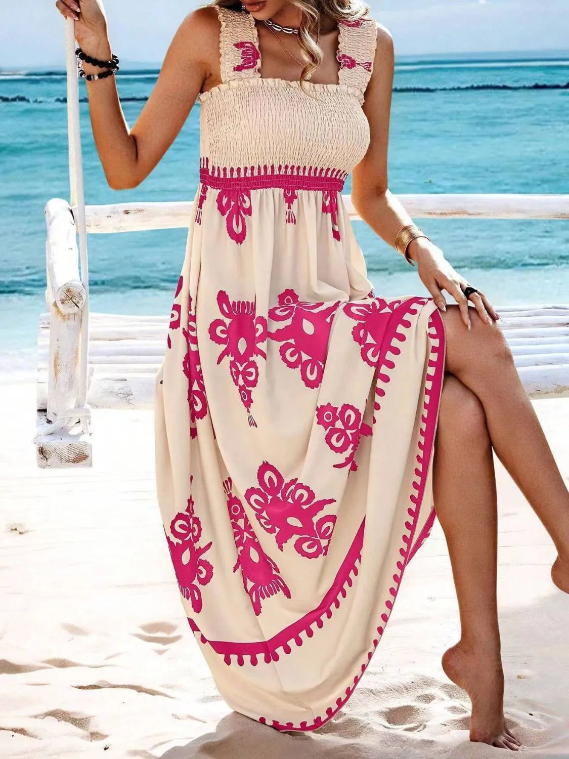 Smocked Printed Wide Strap Maxi Dress - kinko