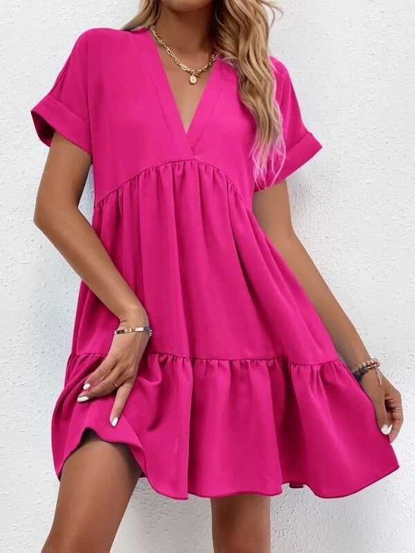 New Short-sleeved V-neck Dress Summer Casual Sweet Ruffled Dresses Solid Color Holiday Beach Dress For Womens Clothing - kinko
