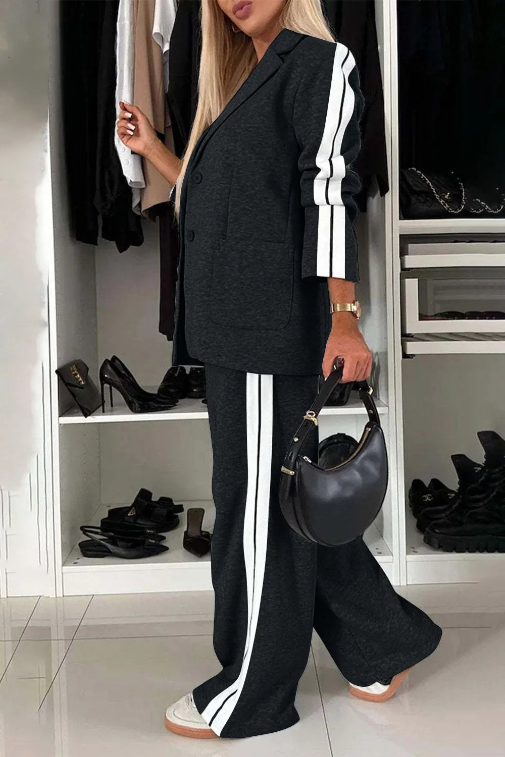 Full Size Contrast Lapel Collar Top and Pants Set - kinko