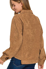 Zenana Distressed Corduroy Frayed Hem Cropped Jacket - kinko