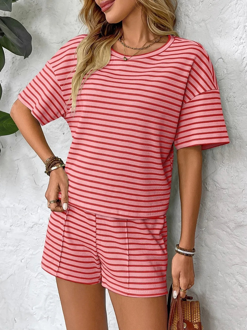 Striped Round Neck Short Sleeve Top and Shorts Set - kinko