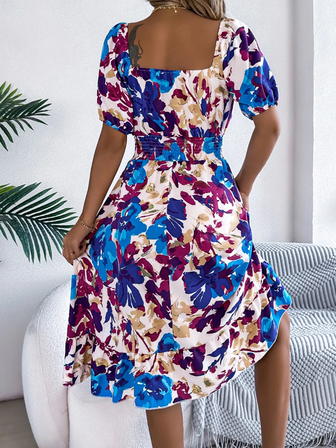 Ruffled Hem Smocked Floral Short Sleeve Midi Dress - kinko