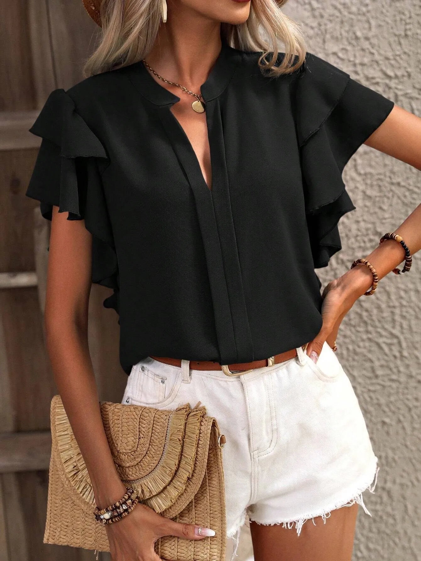 Ruffle Sleeve Notched Blouse - kinko