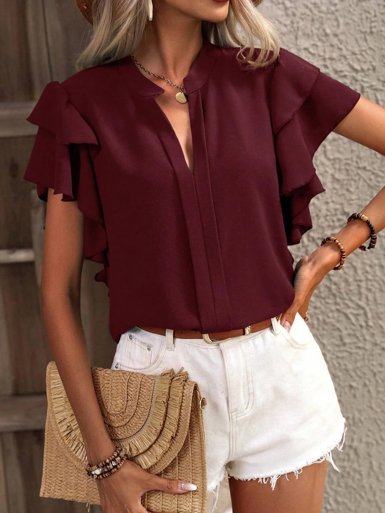 Ruffle Sleeve Notched Blouse - kinko