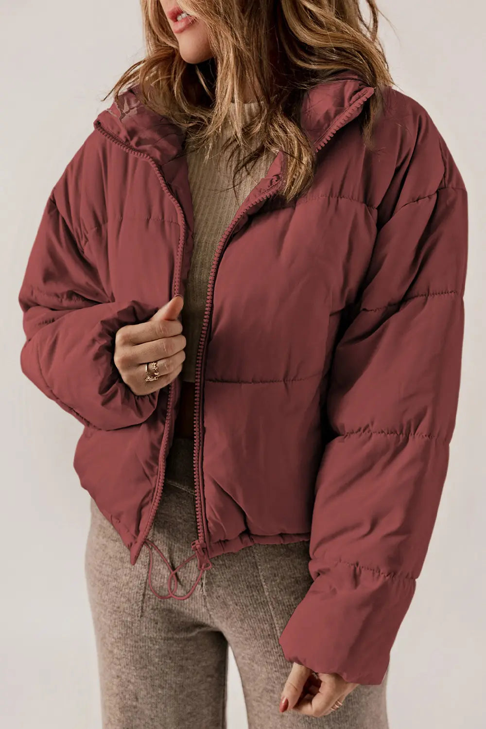 Zip Up Collared Neck Long Sleeve Winter Coat - kinko