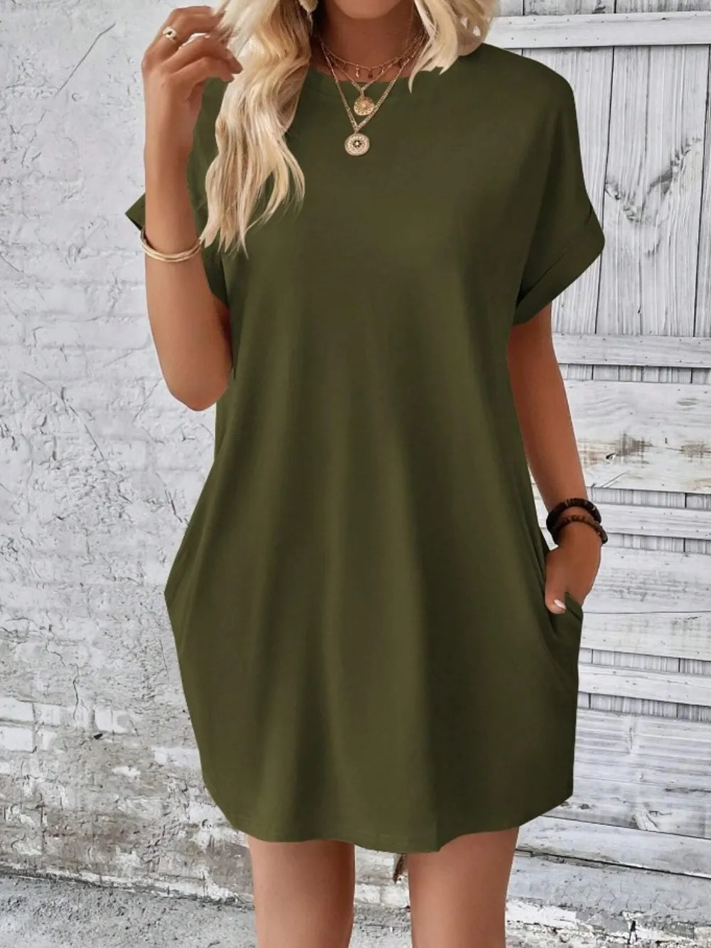 Pocketed Round Neck Short Sleeve Dress - kinko