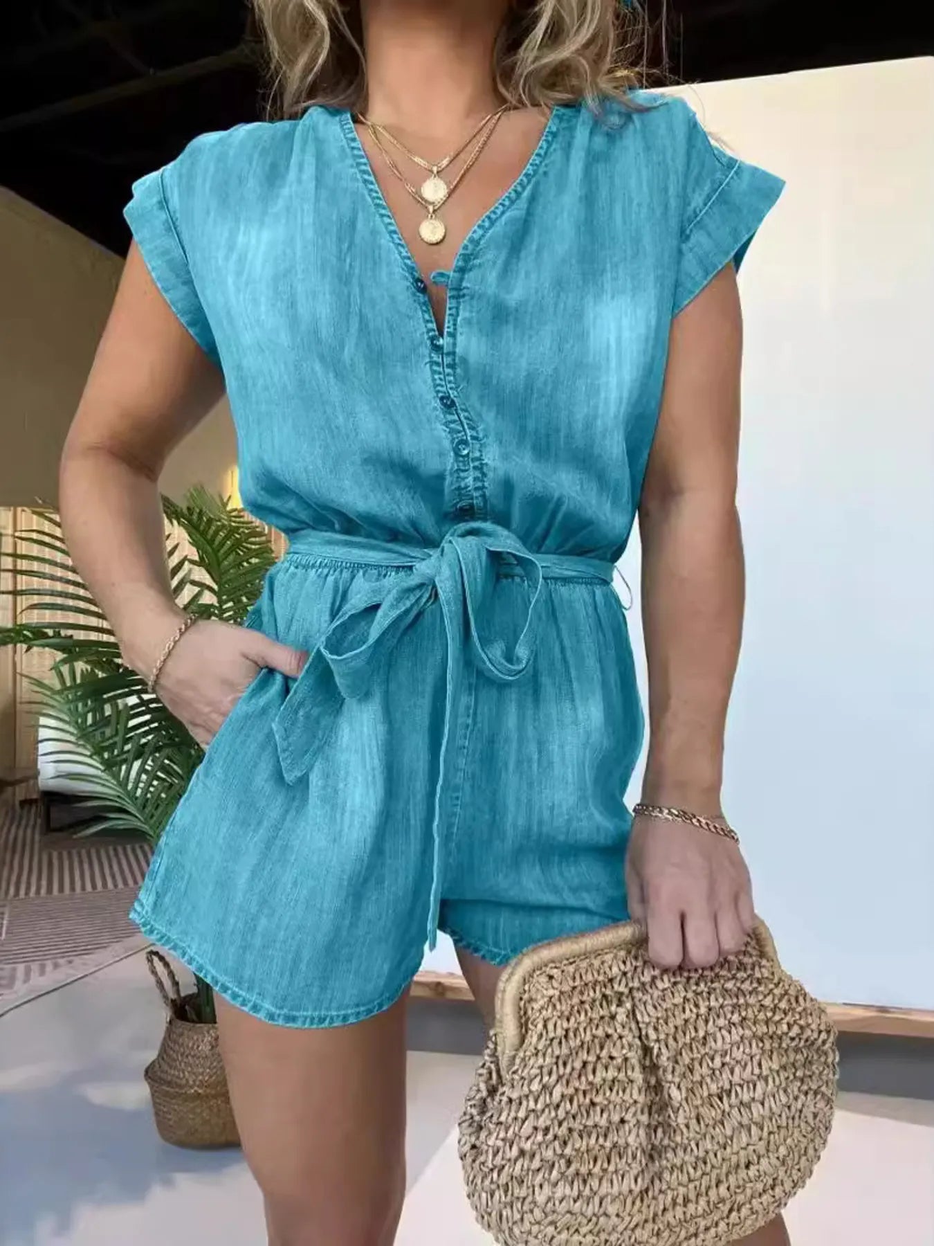 Full Size Tie Waist Cap Sleeve Denim Romper Plus Size - kinko