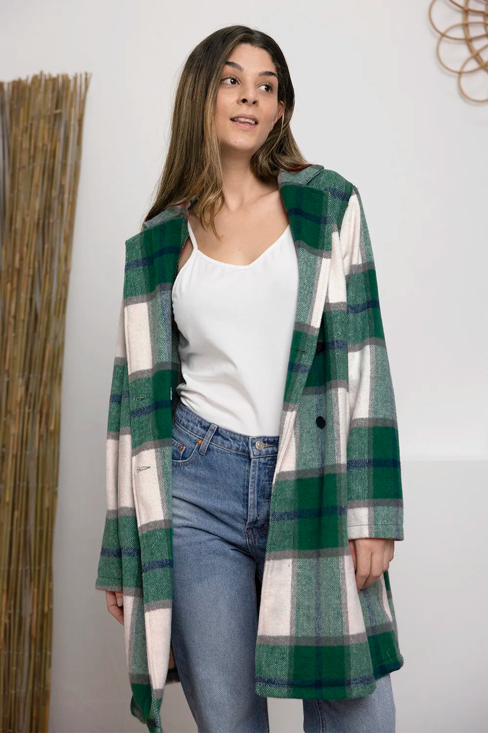 Double Take Full Size Plaid Button Up Lapel Collar Coat - kinko