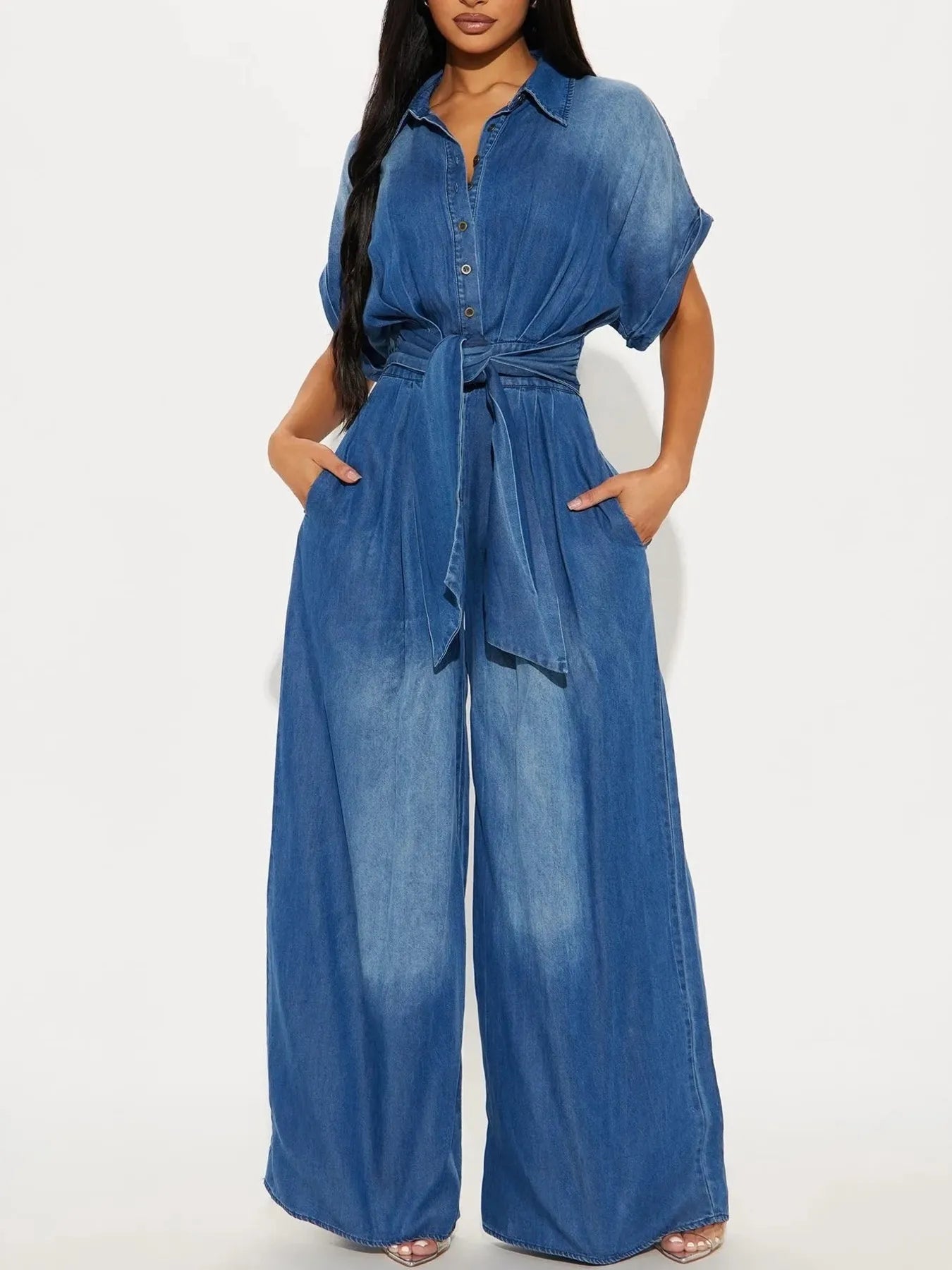 Button Front Wide Leg Denim Jumpsuit - kinko