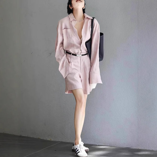 Zweiteiliges Set aus Oberteil und Shorts aus Baumwollleinen für Damen