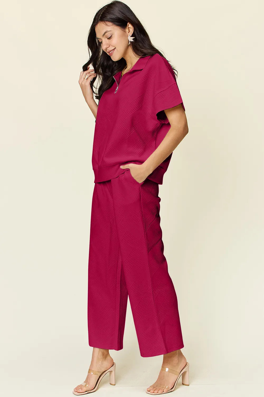 Double Take Full Size Texture Half Zip Short Sleeve Top and Pants Set - kinko