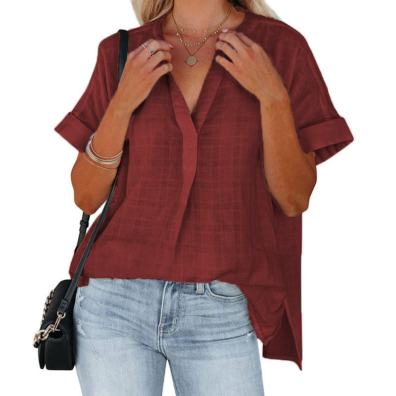 Women's Short Sleeve Thin V-neck Pullover Loose Shirt - kinko