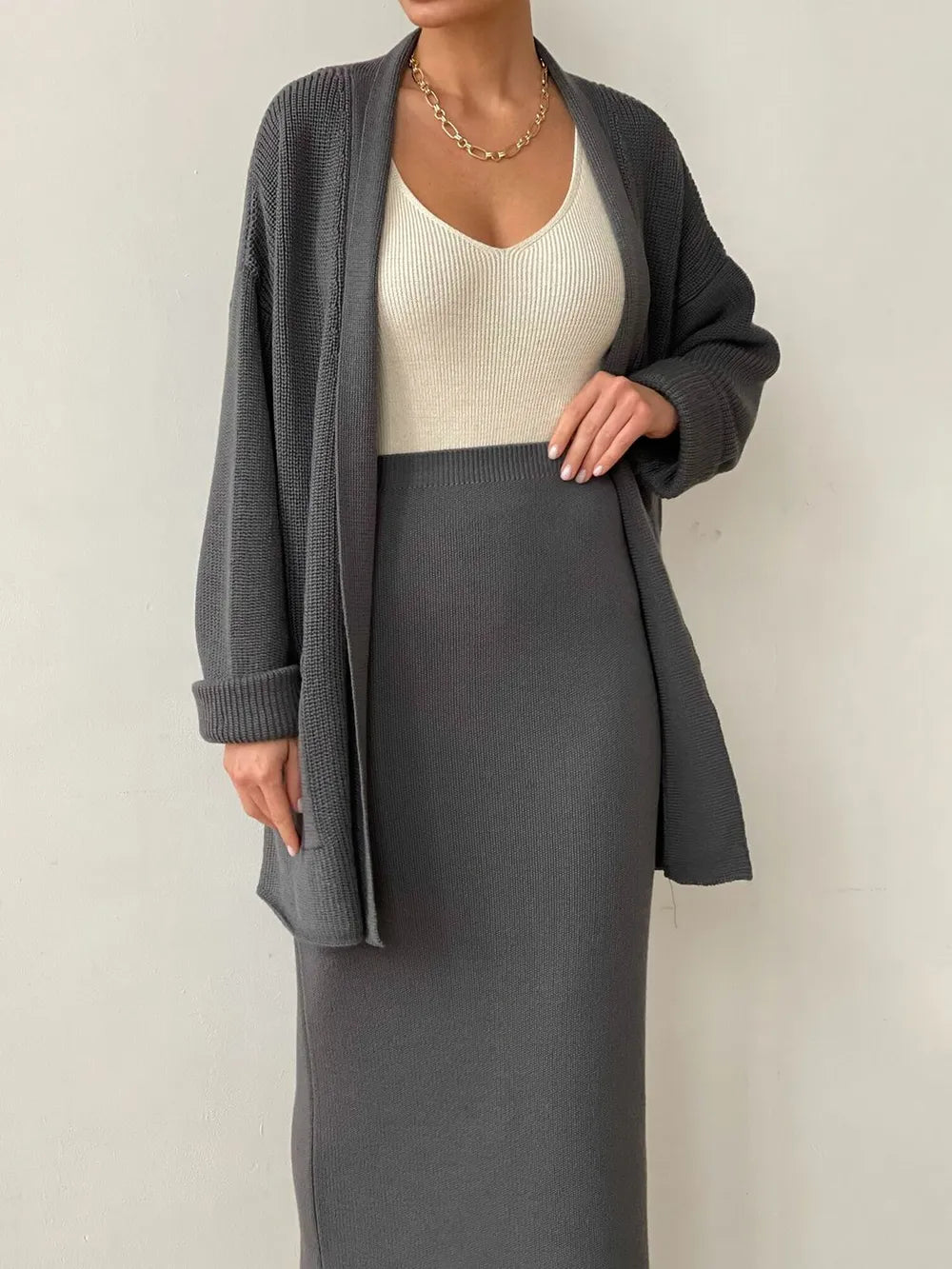 Pocketed Long Sleeve Cardigan and Skirt Sweater Set - kinko